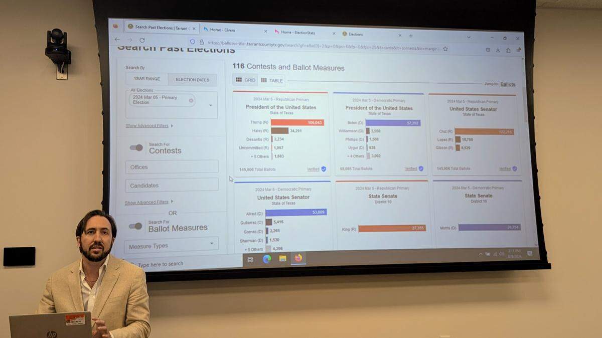 A man sitting at a desk with a projection screen behind him presenting a new voting verification platform. 