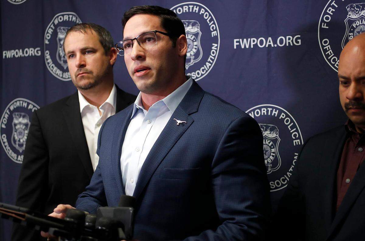 Fort Worth Police Officers Association President Manny Ramirez holds a press conference on Tuesday, April 16, 2019, in Fort Worth. Ramirez said Police Chief Joel Fitzgerald fired rookie officer Lina Mino after a rushed investigation. Mino discharged her weapon during a traffic stop of a man determined to be a wanted felon.