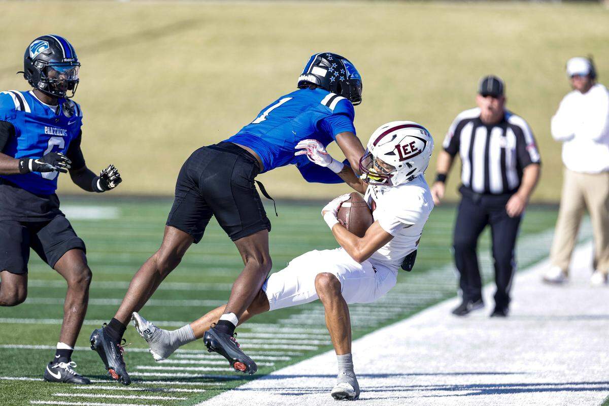 North Crowley defensive back Aaron Bradshaw (1) blasts a Midland Legacy receiver to the ground in a Class 6A Division I area-round playoff on November 22, 2025 at Shotwell Stadium in Abilene, Texas.