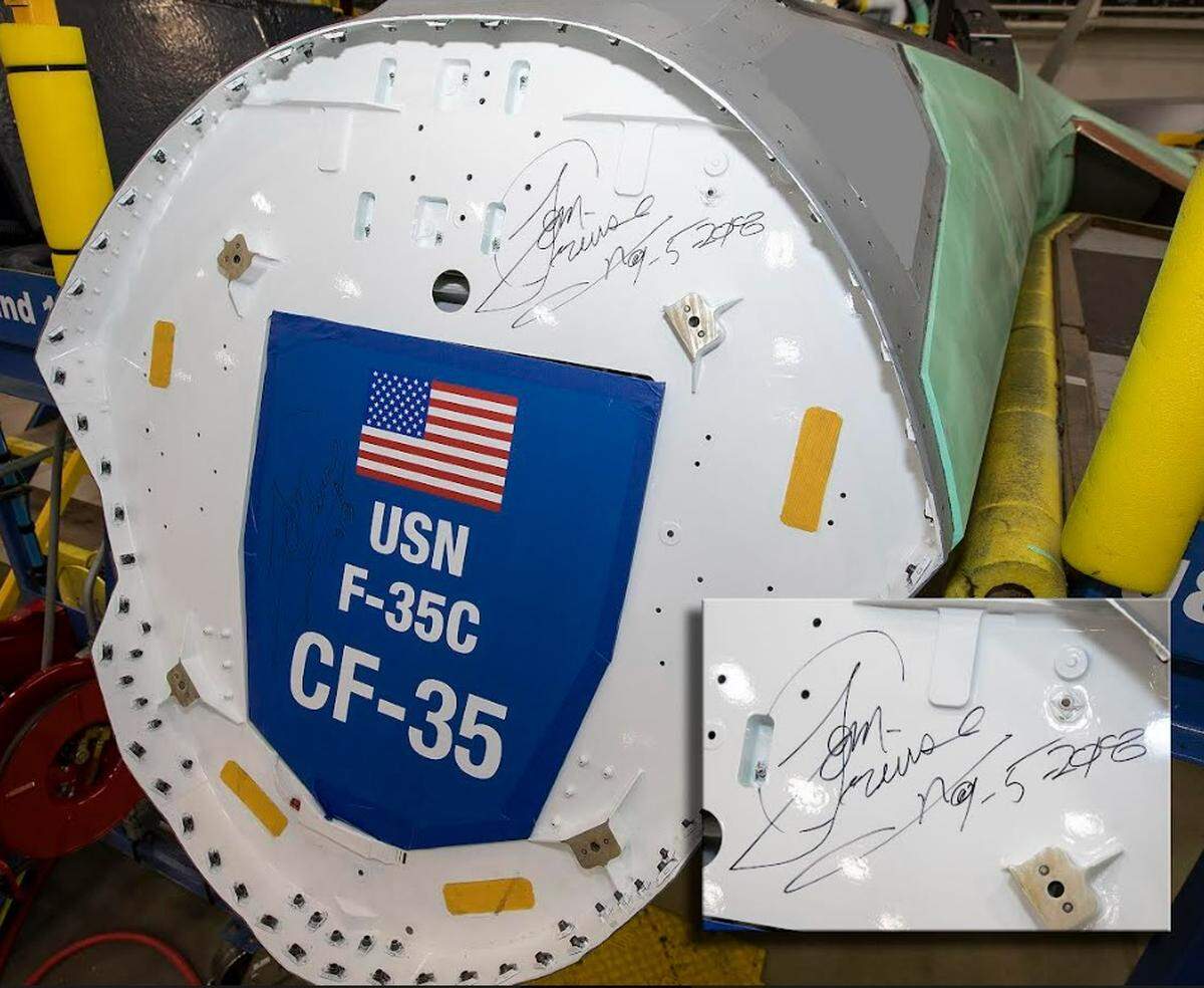 The F-35C bulkhead signed by Tom Cruise in August 2018 at Lockheed Martin in Fort Worth, Texas.
