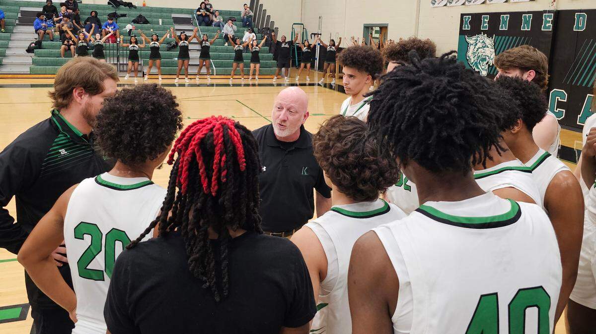 Kennedale boys basketball coach Doug Groff, center, instructs his troops in a game against Venus on Friday, February 7, 2025 at Kennedale High School in Kennedale, Texas.