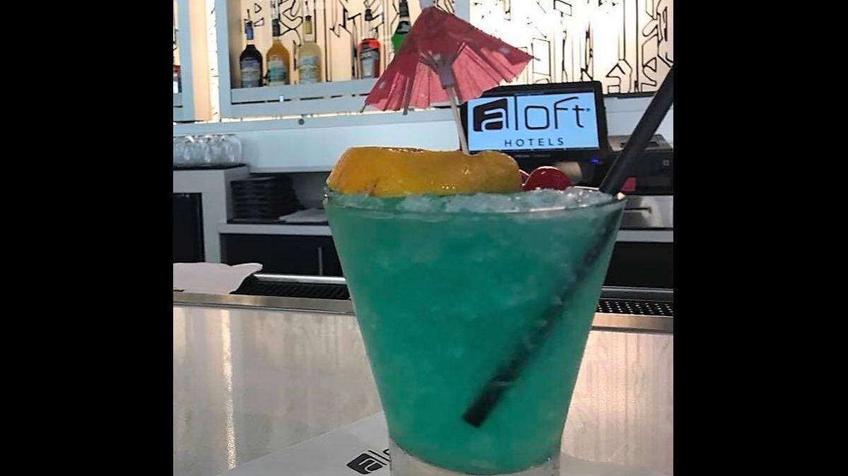 Panther City Punch, described as a “fruit-foward” punch made with coconut rum, at the WXYZ bar inside the new Aloft Fort Worth Downtown hotel on Third Street.