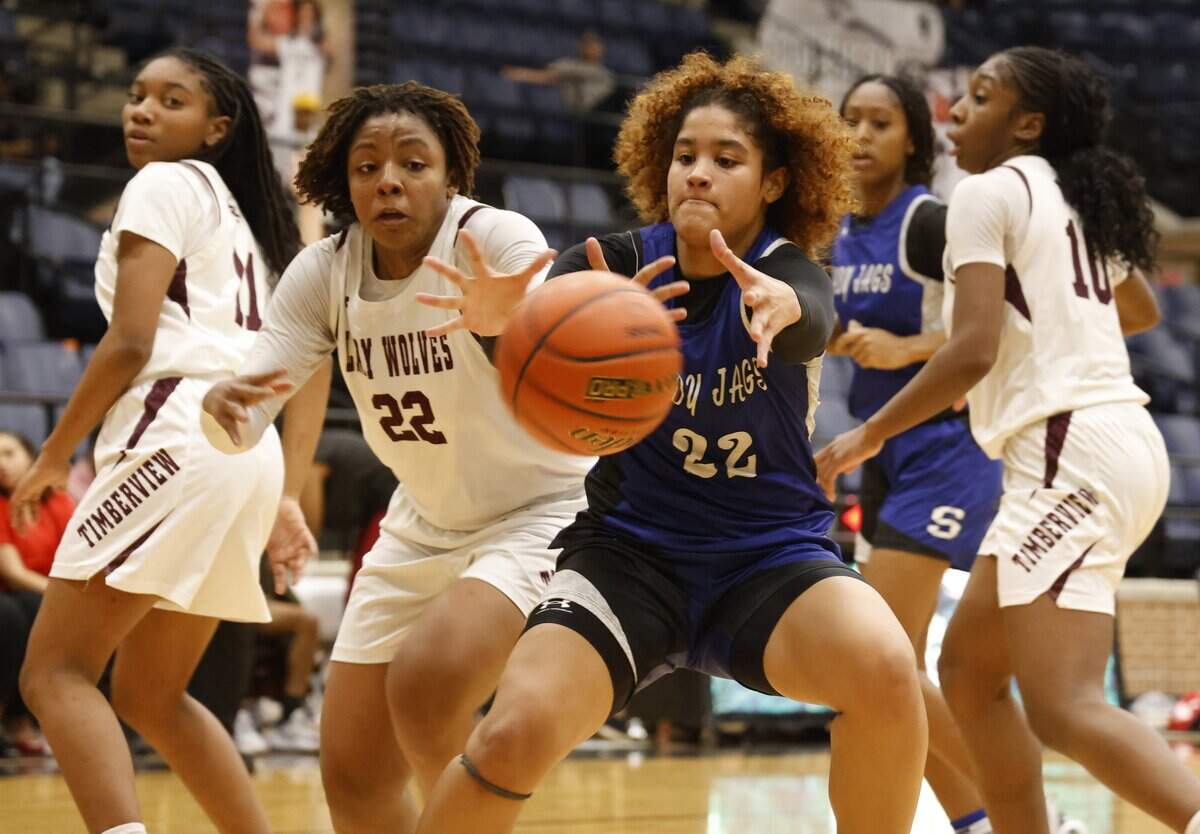 Mansfield Timberview guard Andrea McGriff (22) and Mansfield Summit forward Maya Wiliams (22) fight for a loose ball during the first half of a UIL girls basketball game at Mansfield Timberview High School in Arlington, Texas, Tuesday Feb. 10, 2026.