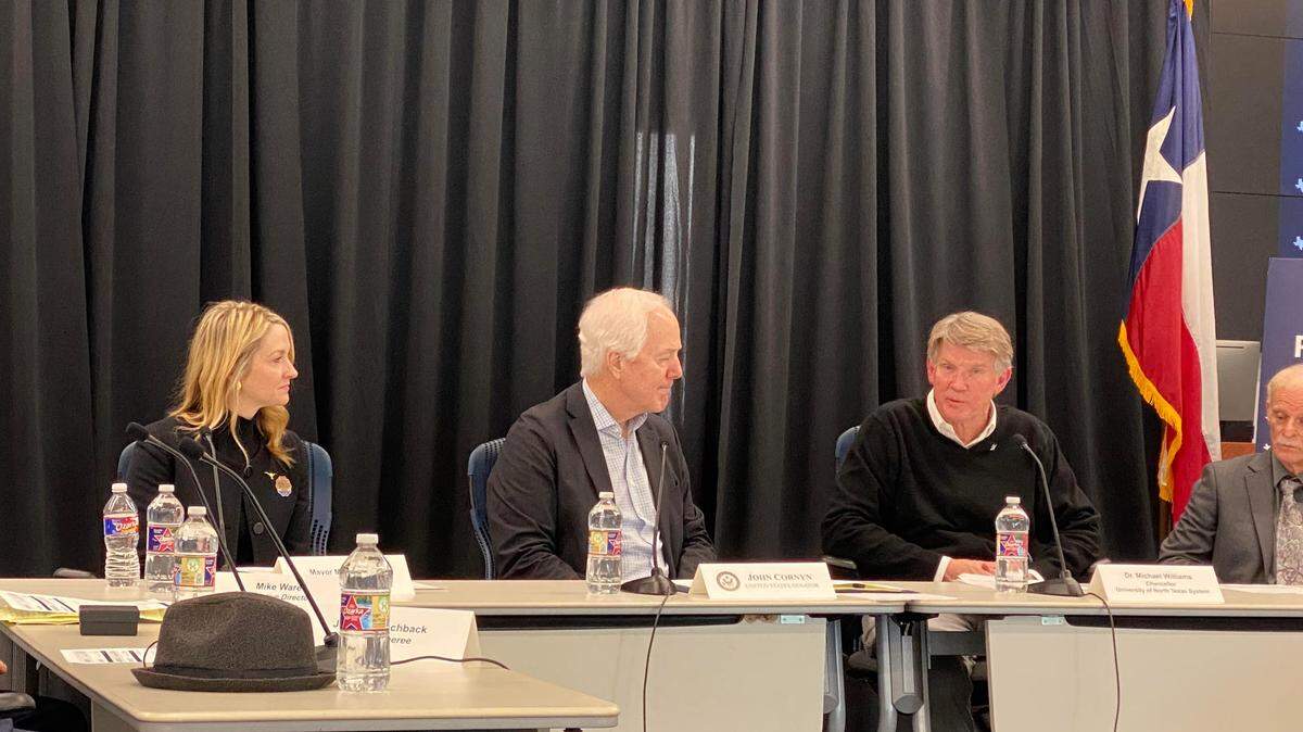 Fort Worth Mayor Mattie Parker, left, U.S. Sen. John Cornyn and UNT System Chancellor Michael Williams were apart of a roundtable discussion Tuesday on the 2022 Justice for All Reauthoritzation Act.