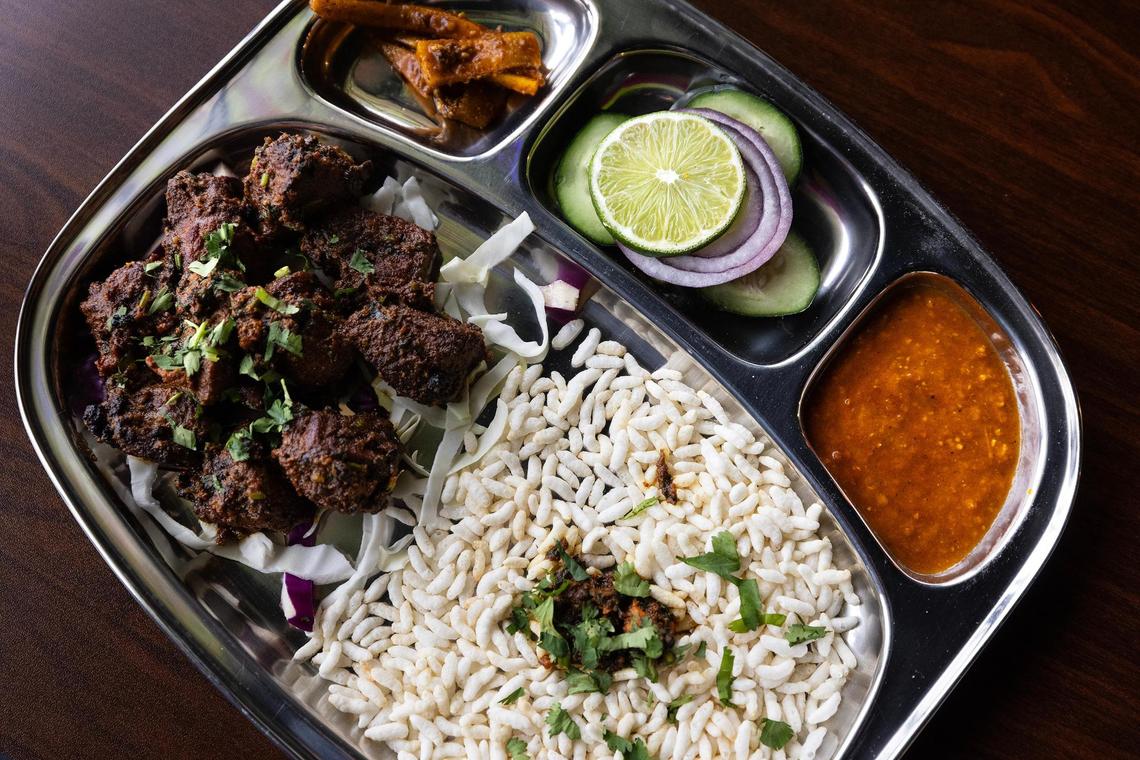 Goat Sekuwa at Palate Garden on Thursday, April 3, 2025, in Saginaw. The dish features marinated goat meat smoked in a clay oven and served with pickled radish, puffed rice and chutney.