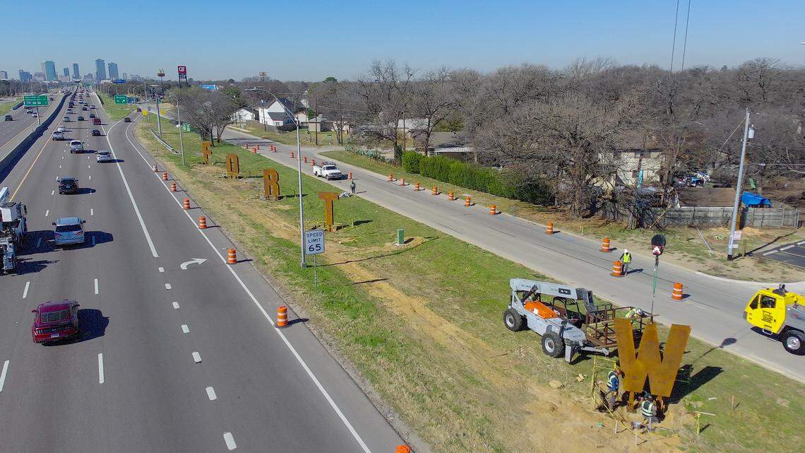 Installation of the new Fort Worth gateway art off State Highway 121. Art by artist Etty Horowitz and architect Kevin Sloan/Matt Stubbs.