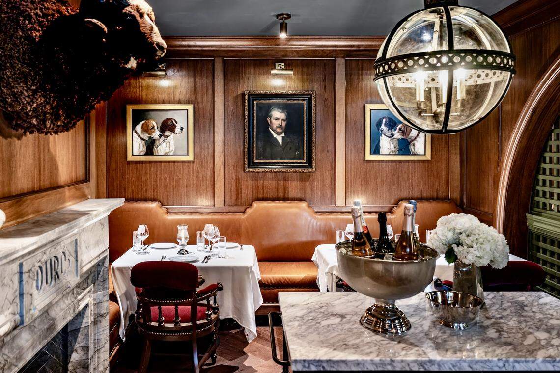 A mahogany-paneled “study” in The Chumley House restaurant in Fort Worth.