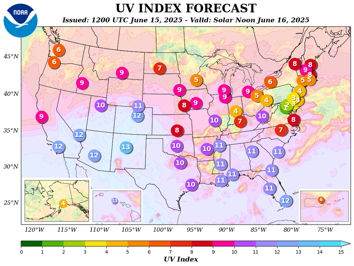 The National Weather Service’s UV Index forecast for June 16, 2025.