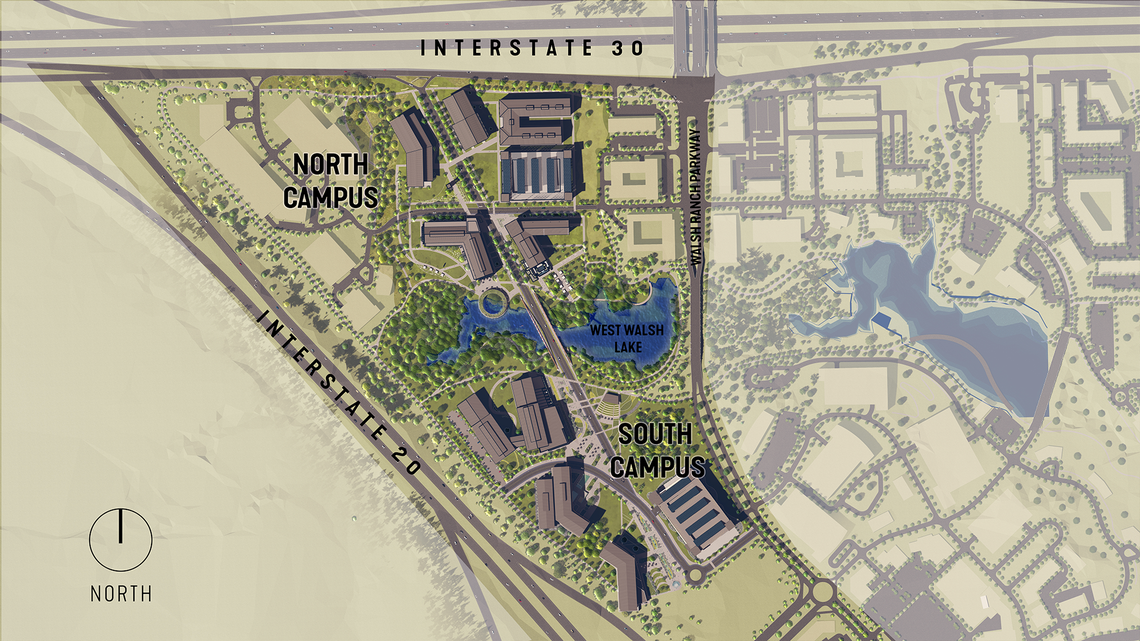 A birds eye view rendering of a college campus