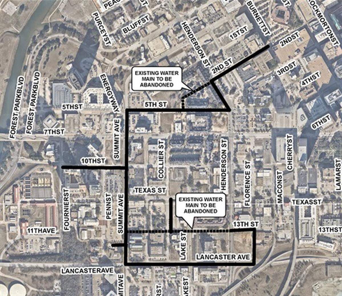 Fort Worth Monday began digging up and replacing water mains in the western portion of downtown. City officials expect construction to last two years.