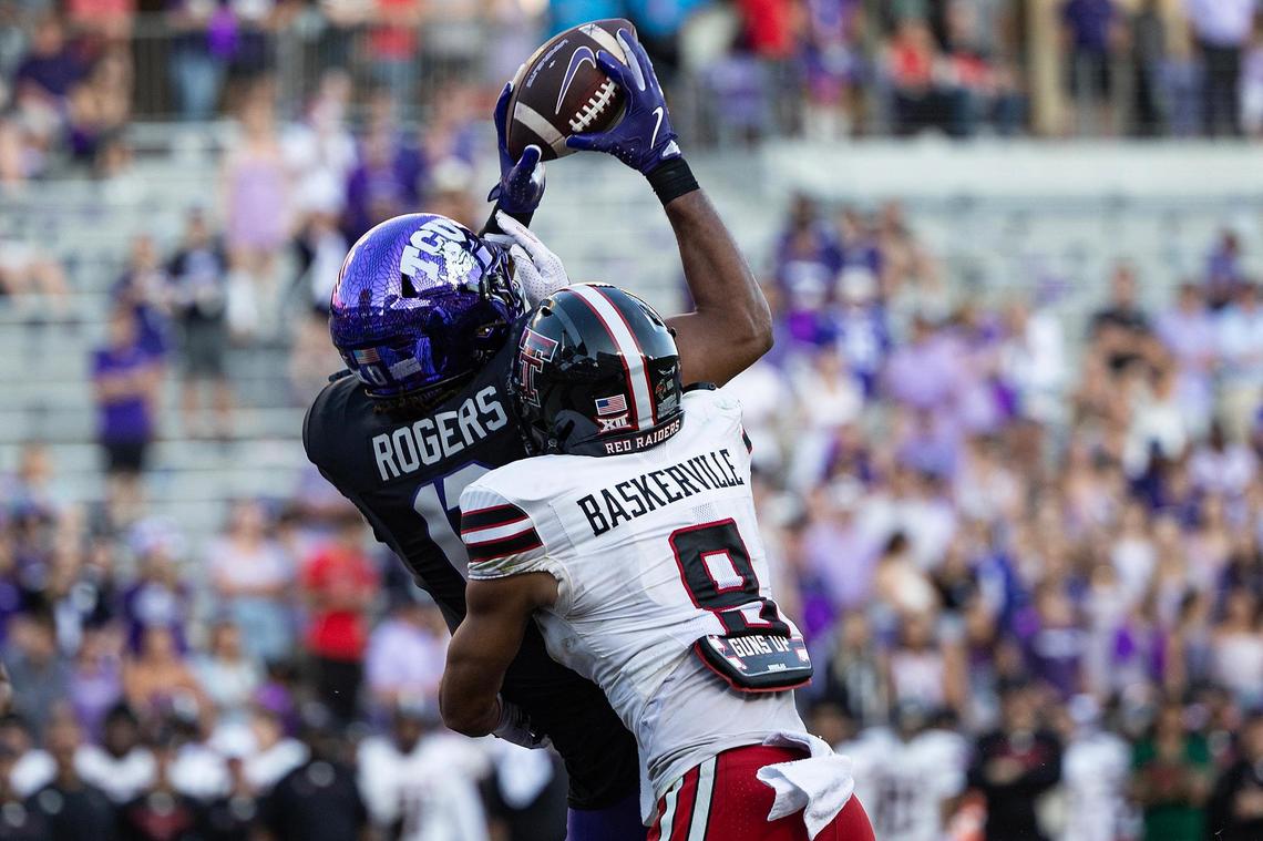 TCU tight end DJ Rodgers (0) catches a touchdown in the second half against Texas Tech at Amon G. Carter Stadium in Fort Worth on Saturday, Oct. 26, 2024. TCU won 35-34.