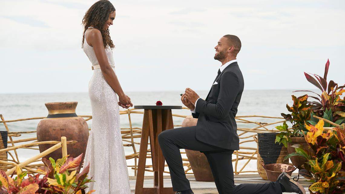 Michelle Young and Nayte Olukoya got engaged during the season finale of her monumental season on “The Bachelorette.”