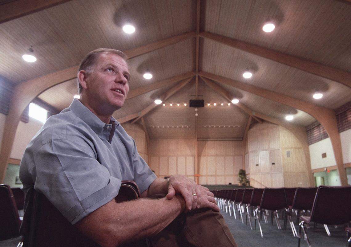 Rev. Tommy Nelson (cq), in the sanctuary of his church, Denton Bible Church, in a 1999 photo.
