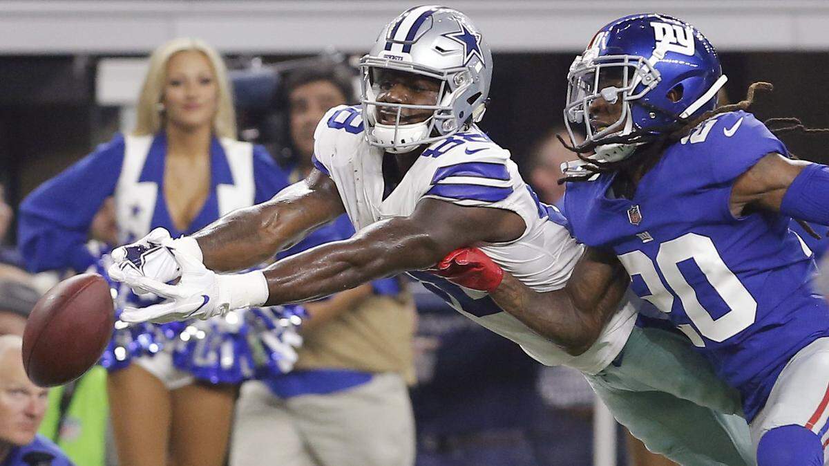 New York Giants cornerback Janoris Jenkins, right, defends against then-Cowboys receiver Dez Bryant last season. On June 25, New Jersey police found a deceased body in Jenkins’ home.