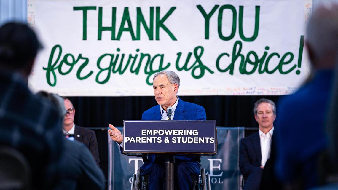 Gov. Greg Abbott speaks at a “parent empowerment night” March 6 at Temple Christian School in Fort Worth.