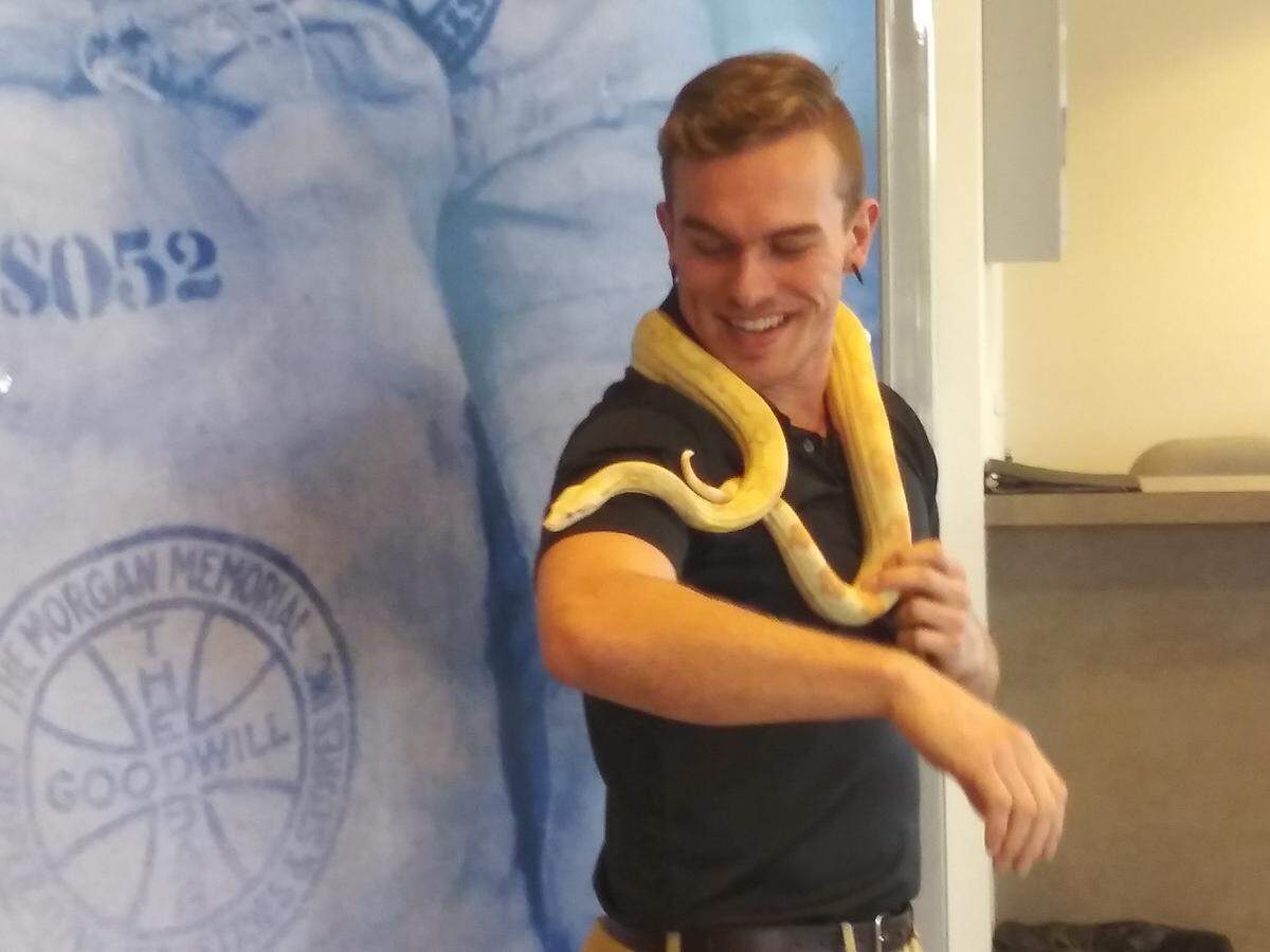 Owner Austin Pair is reunited with Toki, the red-tailed boa that was found in a bin of clothing at a Goodwill center in Fort Worth recently.