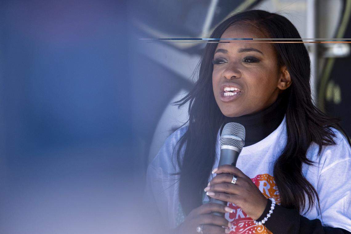 Rep. Jasmine Crockett (D-TX) speaks at a campaign rally on February 22, 2026 in San Antonio, Texas. Crockett is facing state Rep. James Talarico in Texas' Democratic Senate primary.
