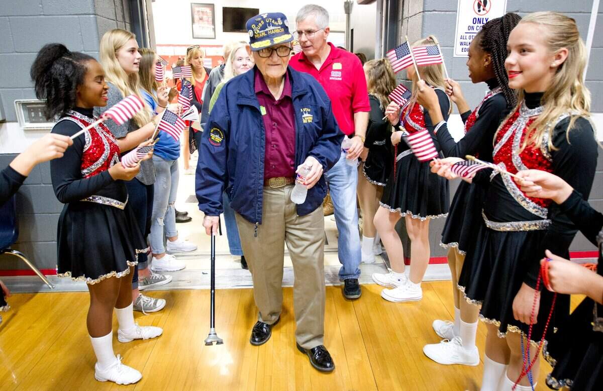 Nov. 11, 2016: WWII veteran William Hughes was the guest of honor at a Veterans Day ceremony at Grapevine Middle School.