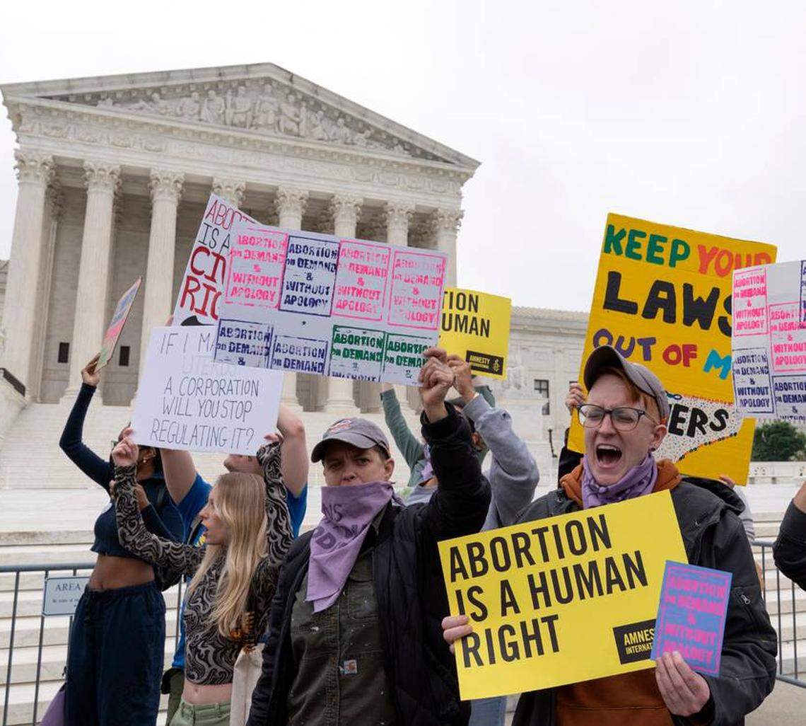 Demonstrators protest outside of the U.S. Supreme Court on Tuesday, May 3, 2022, in Washington. The U.S. Supreme Court Friday overturned the landmark 1973 Roe v. Wade case that legalized abortion nationwide.