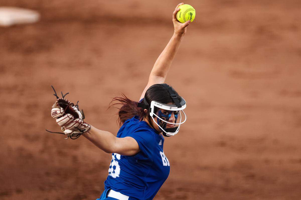 White Settlement Brewer pitcher Cozy Tyson (16) throws a pitch against Montgomery Lake Creek in the UIL Class 5A Division II state softball championship game at Red & Charline McCombs field in Austin, Texas, on Friday, May 29, 2026.