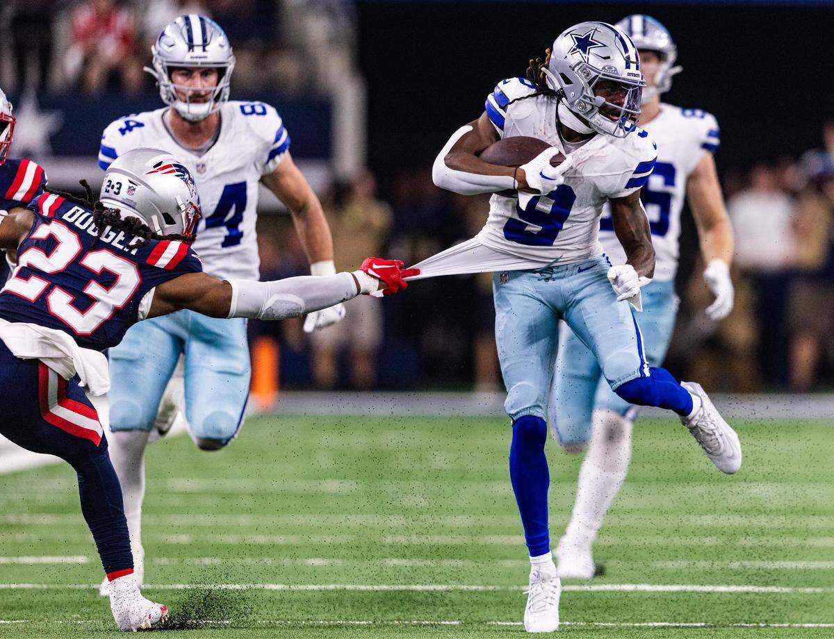 Cowboys wide receiver KaVontae Turpin (9) runs for the big gain in the second half of an NFL game between the Dallas Cowboys and New England Patriots at AT&T Stadium in Arlington on Sunday, Oct. 1, 2023. The Cowboys defeated the Patriots 38-3.