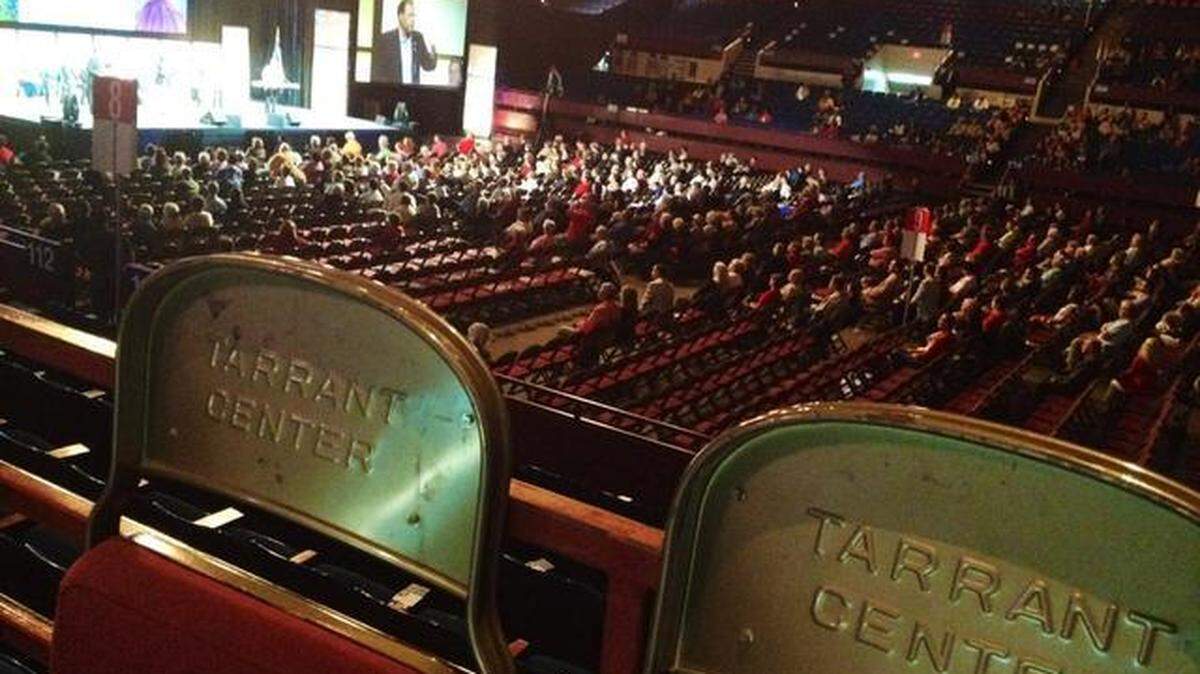 In 2012, the Fort Worth Convention Center still used 1988 chairs marked “Tarrant Center.”