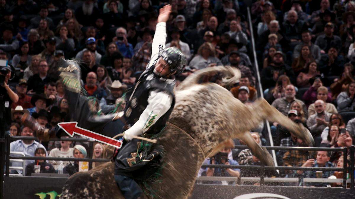 A rider keeping grip on the rope as the bull bucks.