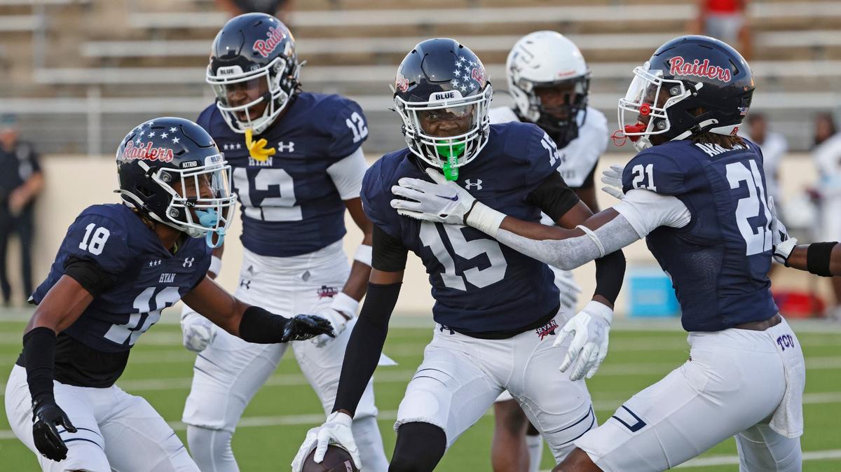 Denton Ryan defensive back Xaier Hiler (15) is congratulated after recovering a Timberview fumble during a UIL football game at C.H. Collins Activity Complex in Denton, Texas, Thursday, Sept. 05, 2024.