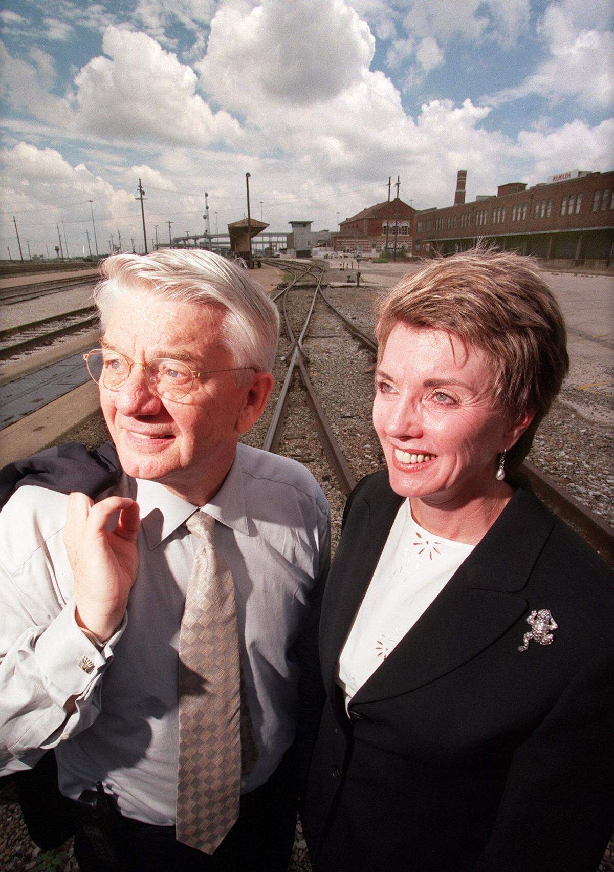 Taylor and Shirlee Gandy standing near the historic Santa Fe Depot in downtown Fort Worth on June 22, 1999.