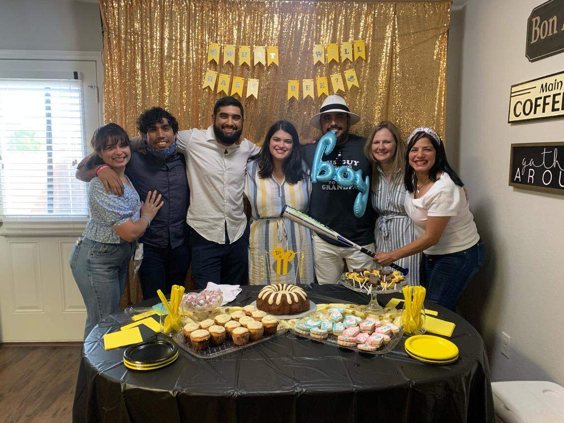 (from left to right) Pamela Ly Anglero, Esteban Vilchez, Marco Jr. Vilchez, Erika Vilchez, Marco Vilchez, Joann Burgess and Tamara Mendoza smile at the gender reveal party for Marco Jr. and Erika’s baby. Family said Mendoza, who died in the Feb. 11 pileup crash in Fort Worth, made an effort to connect with family she hadn’t seen in years.