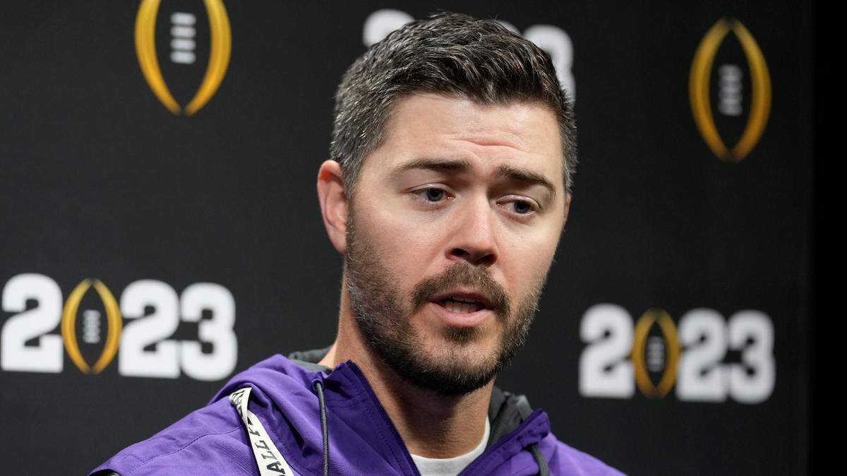 TCU offensive coordinator Garrett Riley speaks during a media day ahead of the national championship NCAA College Football Playoff game between Georgia and TCU, Saturday, Jan. 7, 2023, in Los Angeles. Riley was hired by Clemson days after the national championship game. (AP Photo/Marcio Jose Sanchez)