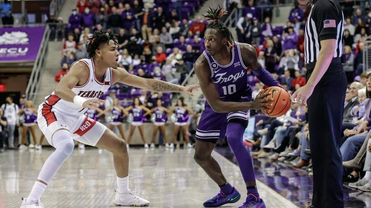 TCU’s Damion Baugh (right) works against Texas Tech’s Terrence Shannon in the first half of Saturday’s men’s basketball game at Schollmaier Arena. Baugh is appealing an undetermined NCAA suspension.