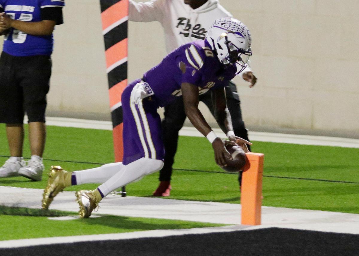 Alvarado’s Cardea Collier is ruled out at the one yard line setting up Alvarado’s first score during a UIL football playoff game at Crowley ISD Multi Purpose Stadium on Friday November 8, 2024.