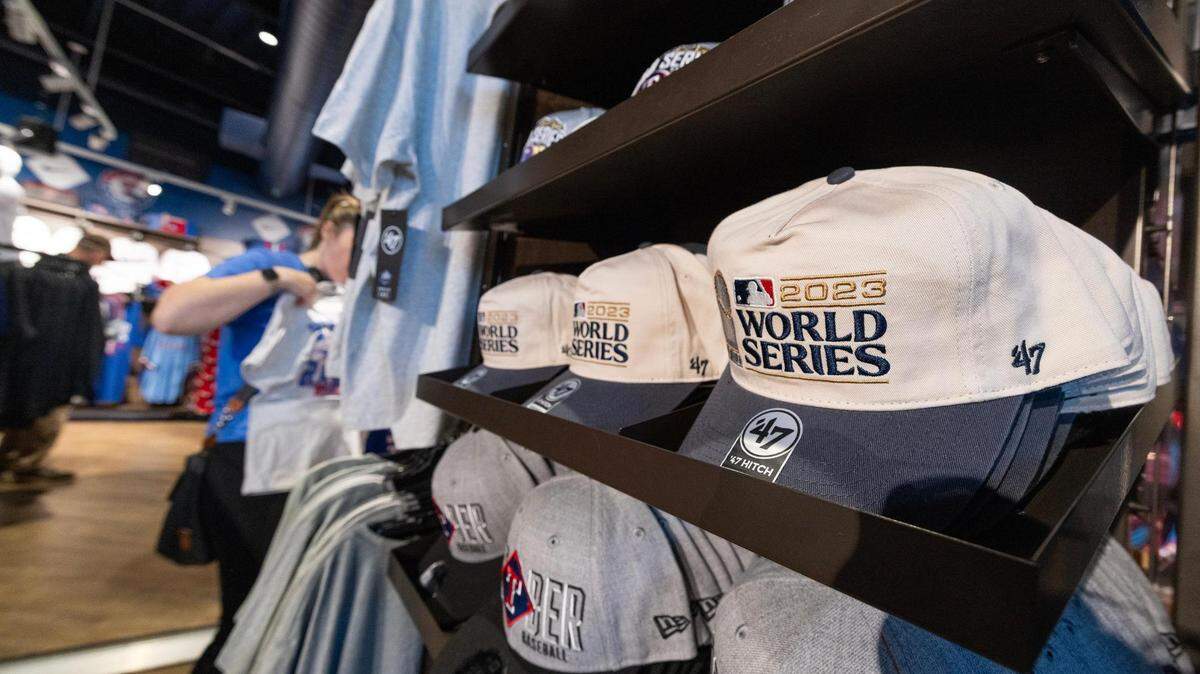2023 World Series hats being sold at the Texas Rangers Team Store prior to game one of the 2023 World Series between the Texas Rangers and Arizona Diamondbacks at Globe Life Field in Arlington on Thursday.