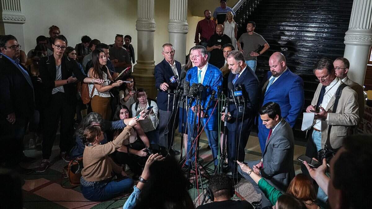 Attorney General Ken Paxton’s attorneys speak at a press conference after Paxton was acquitted of all charges in his impeachment trial at the Texas Capitol on Saturday, Sep. 16, 2023.