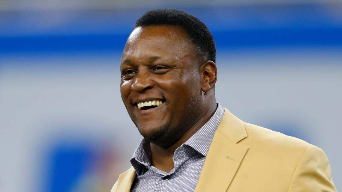 Former Detroit Lions running back Barry Sanders, a member of the NFL Hall of Fame, appears during an NFL football game in Detroit, Sunday, Sept. 29, 2019.