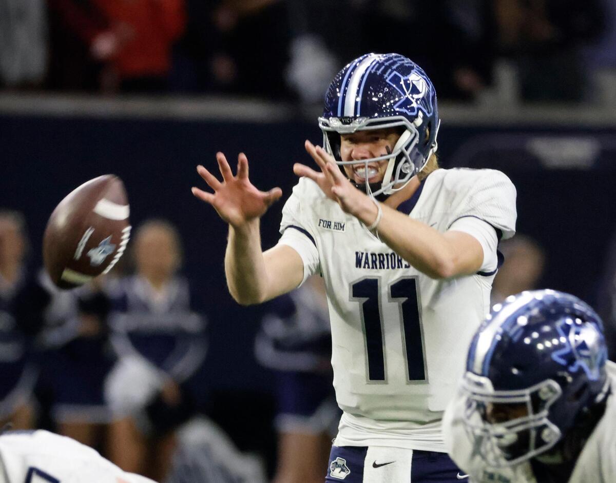 Liberty Christian quarterback Cole Welliver (11) takes a snap in the first half of a TAPPS Region 2 semi-final football playoff game at The Ford Center in Frisco, Texas, Saturday, Oct. 25, 2023.