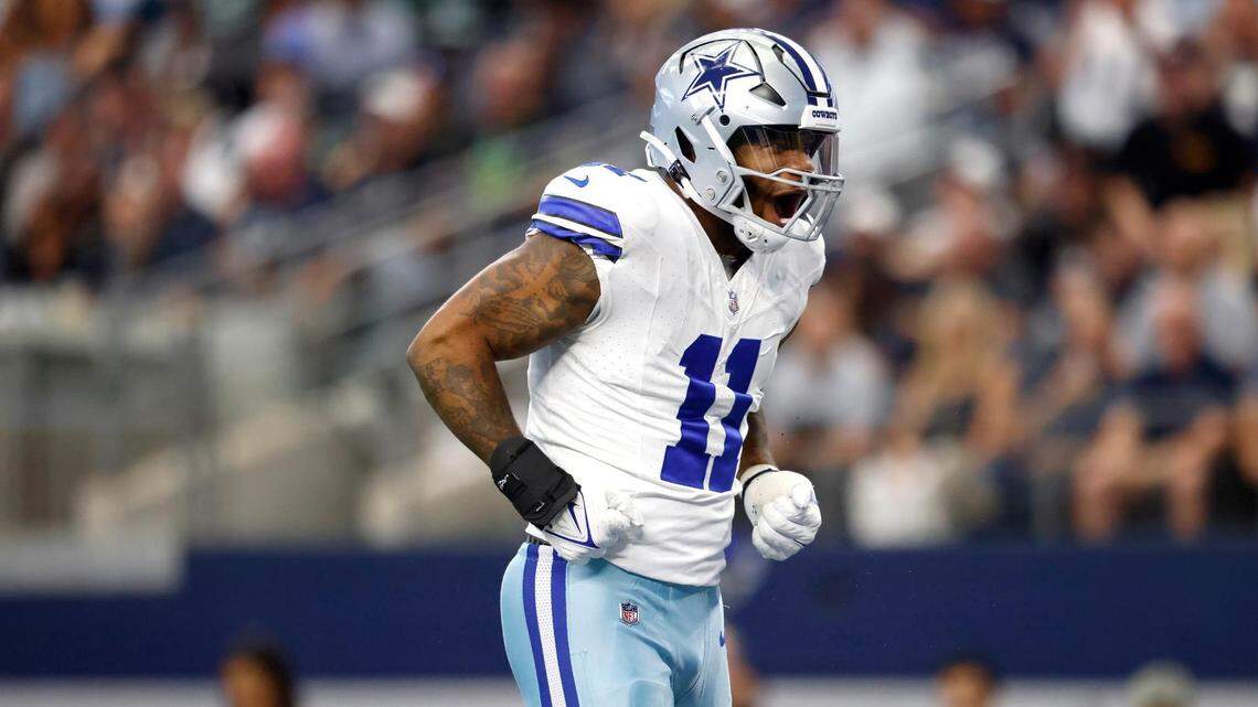 Dallas Cowboys linebacker Micah Parsons reacts after sacking New York Jets quarterback Zach Wilson on Sunday, September 17, 2023, at AT&T Stadium in Arlington.