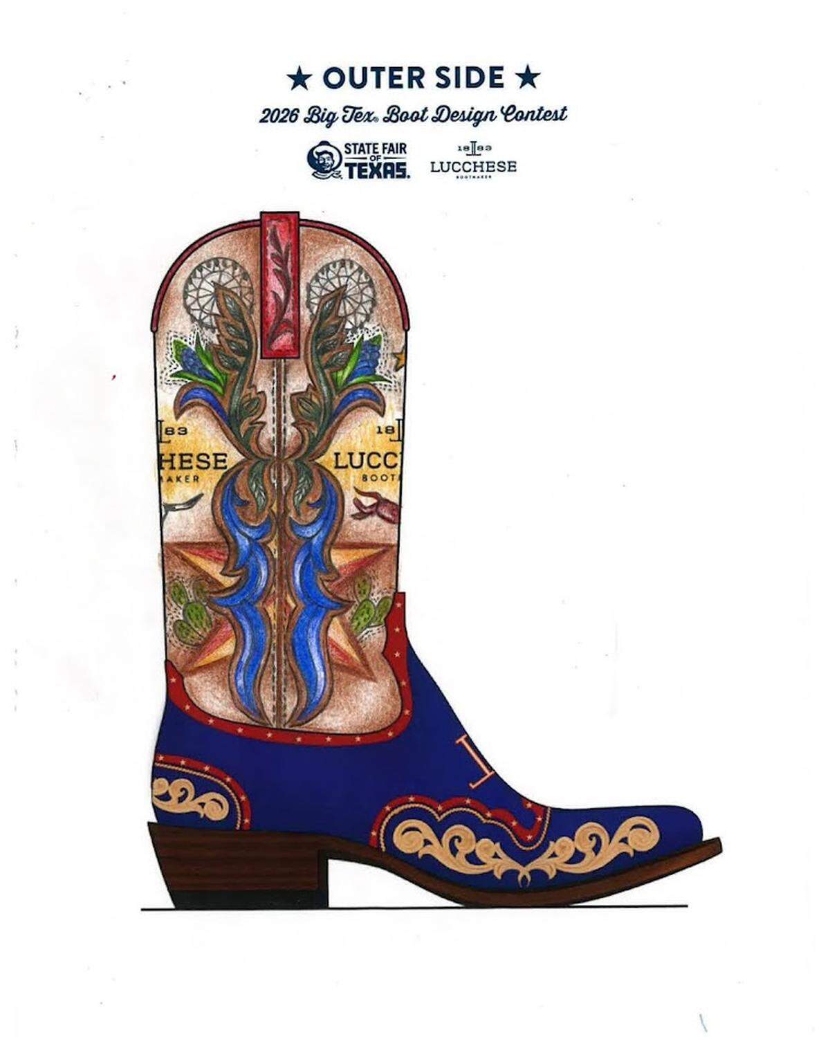 The winning boot design by Aaliyah McNeal from Dallas that the State Fair of Texas mascot, Big Tex, will wear for the next three fair seasons.