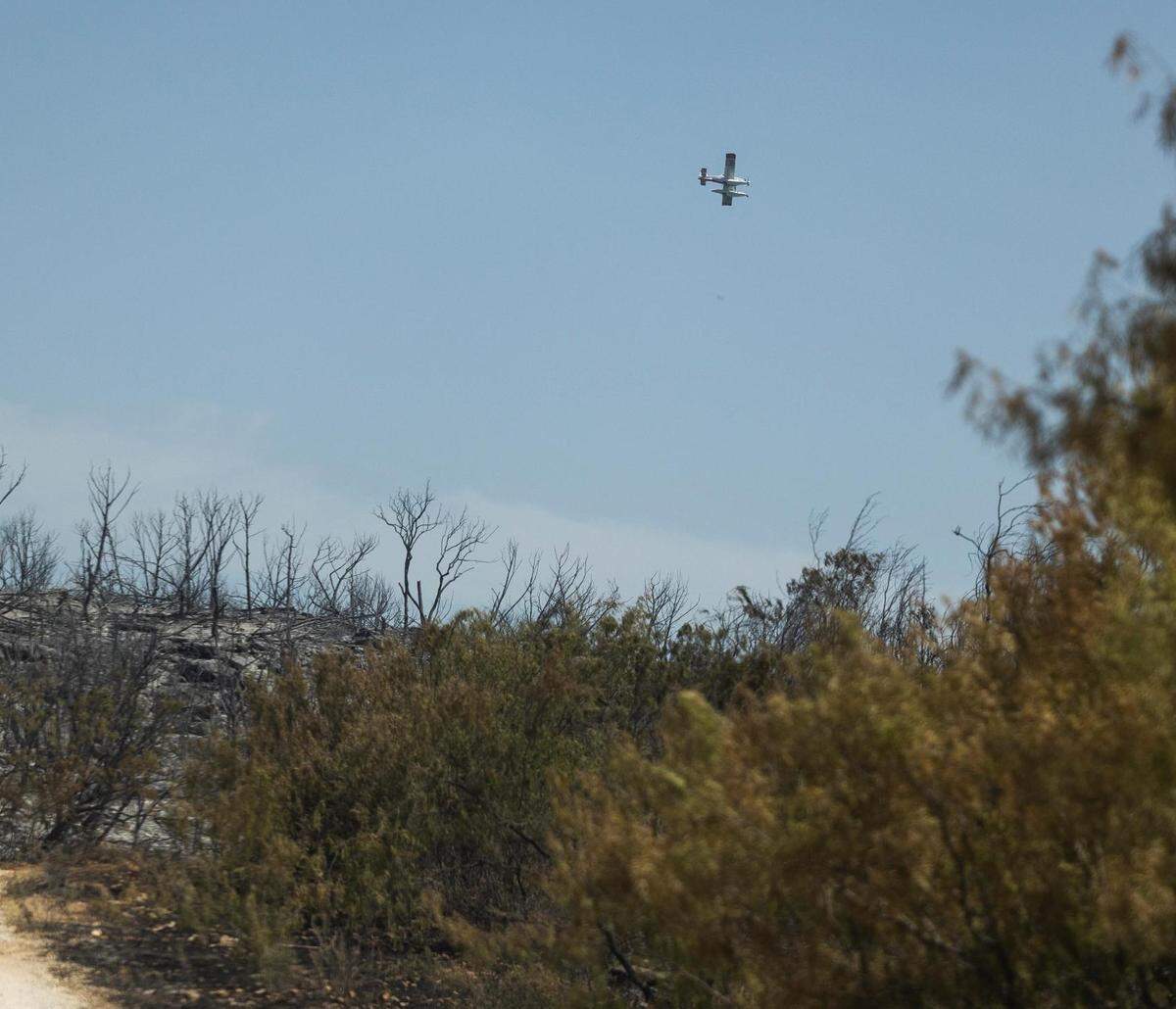 A single-engine air tanker drops lake water on a blaze along FM 1148 Tuesday, July 19, 2022, near Possum Kingdom Lake in Graham. The fire had consumed 500 acres and was 10 percent contained.