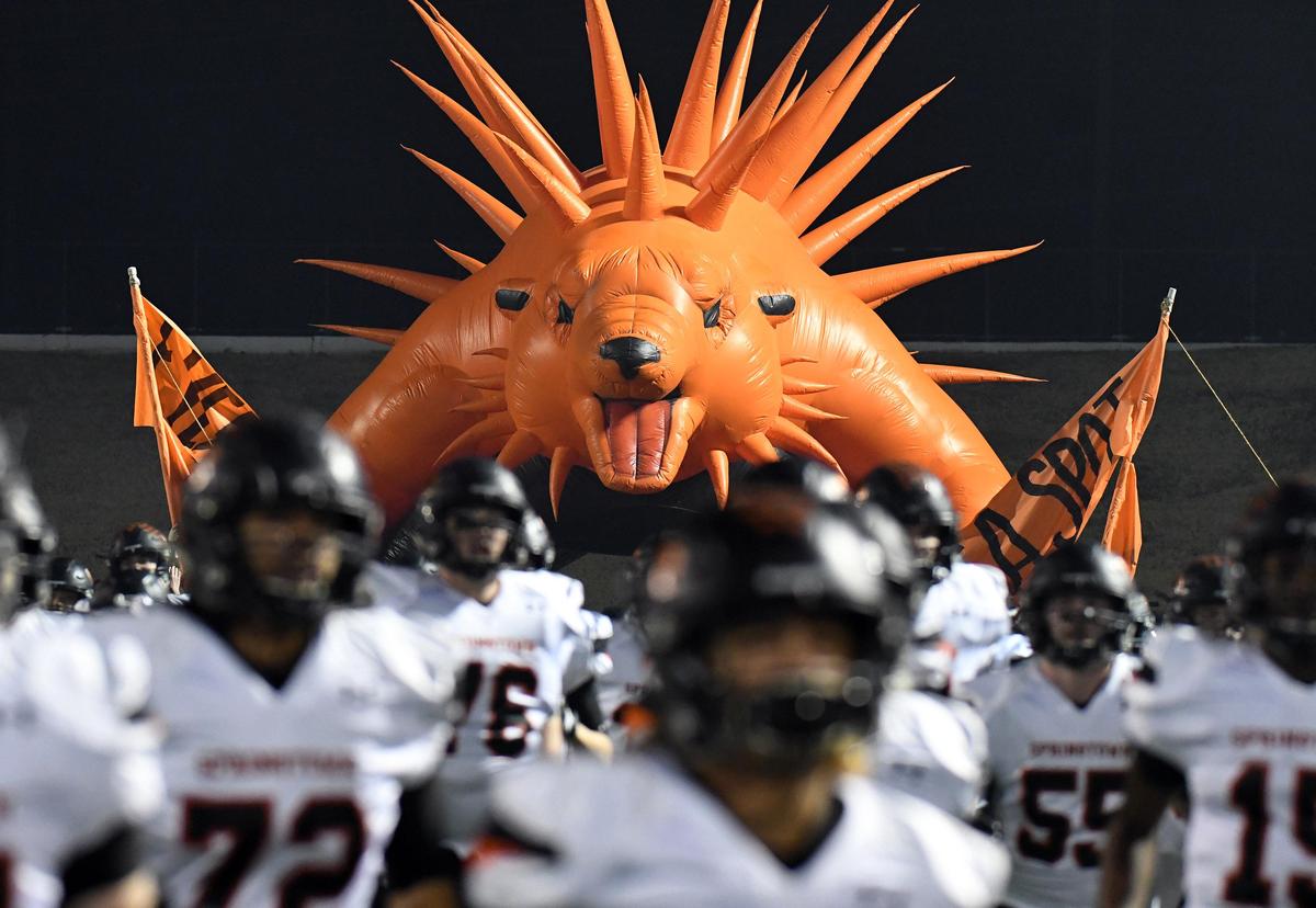 Springtown football players run onto the field in front of their inflatable porcupine before the Class 4A Division 1 semifinal football game against La Vega Friday, December 13, 2019 at the Midlothain Multpurpose Stadium in Midlothian, Texas. Special/Bob Haynes