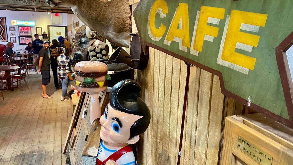 A Big Boy statue welcomes patrons to the new Hookers Grill inside a stove shop near Hudson Oaks.