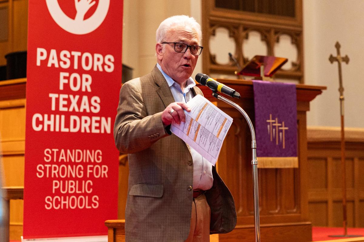Rev. Charles Johnson, the Executive Director of Pastors for Texas Children, speaks to attendees gathered for the Pastors for Texas Children Town Hall Call to Action at Arlington Heights United Methodist Church in Fort Worth on Wednesday, April 9, 2025.