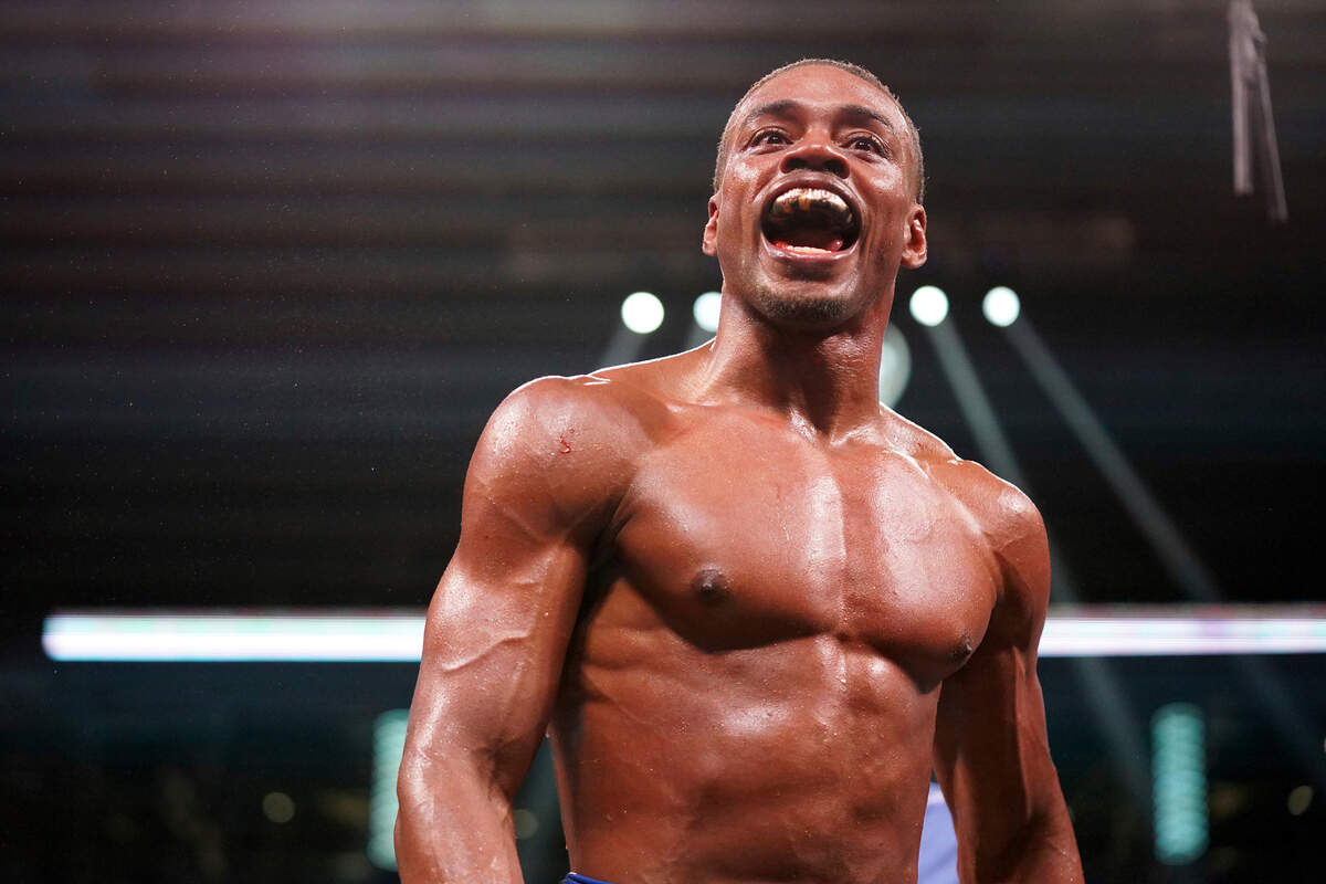 Errol Spence Jr. reacts during a world welterweight championship boxing match against Yordenis Ugas in April. Spence Jr. pleaded guilty last week for DWI for a one-car wreck in which he crashed his Ferrari in October 2019.