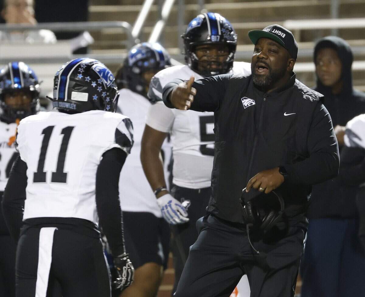 North Crowley head coach Ray Gates reacts after a play during the first half of a UIL football game between North Crowley and Mansfield at Vernon Newsom Stadium in Mansfield, Texas, Thursday, October, 30, 2025.