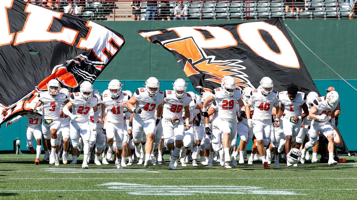 The Aledo Bearcats enter the field to face the Weatherford Kangaroos, Saturday afternoon, Sepember 26, 2020 played at Globe Life Park in Arlington, TX (Steve Nurenberg Special to the Star-Telegram)