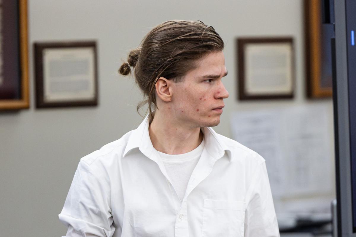 Defendant Carl Brewer, 25, enters the courtroom for his capital murder trial at the Tim Curry Criminal Justice Center in Fort Worth on Wednesday, May 29, 2024. He is accused of shooting to death his adoptive parents, Troy Brewer and Mary Brewer, in November 2016 in Crowley.