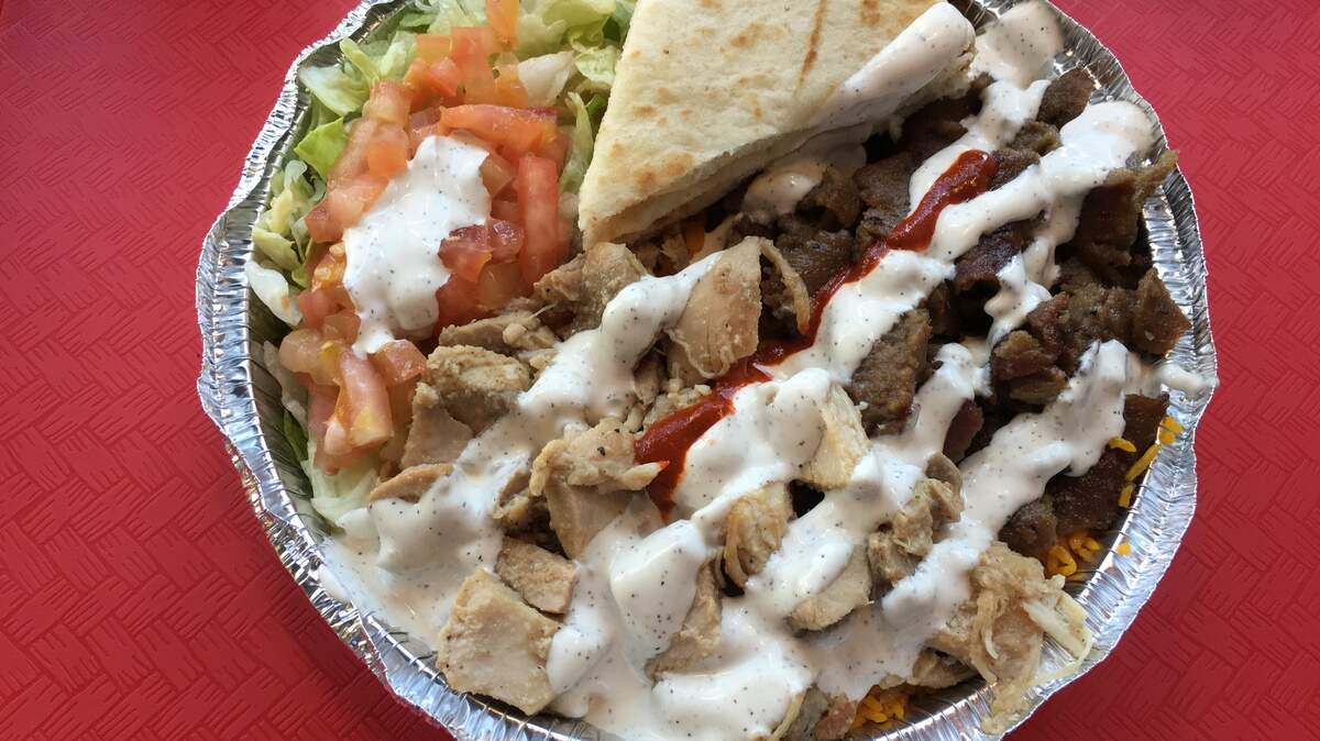 The large combo platter at The Halal Guys in Arlington.