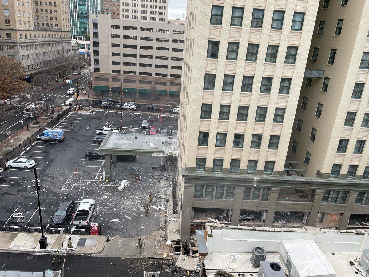An explosion rocked the Sandman Hotel at 810 Houston St. in downtown Fort Worth on Monday. This view is from the Houston Place Lofts.