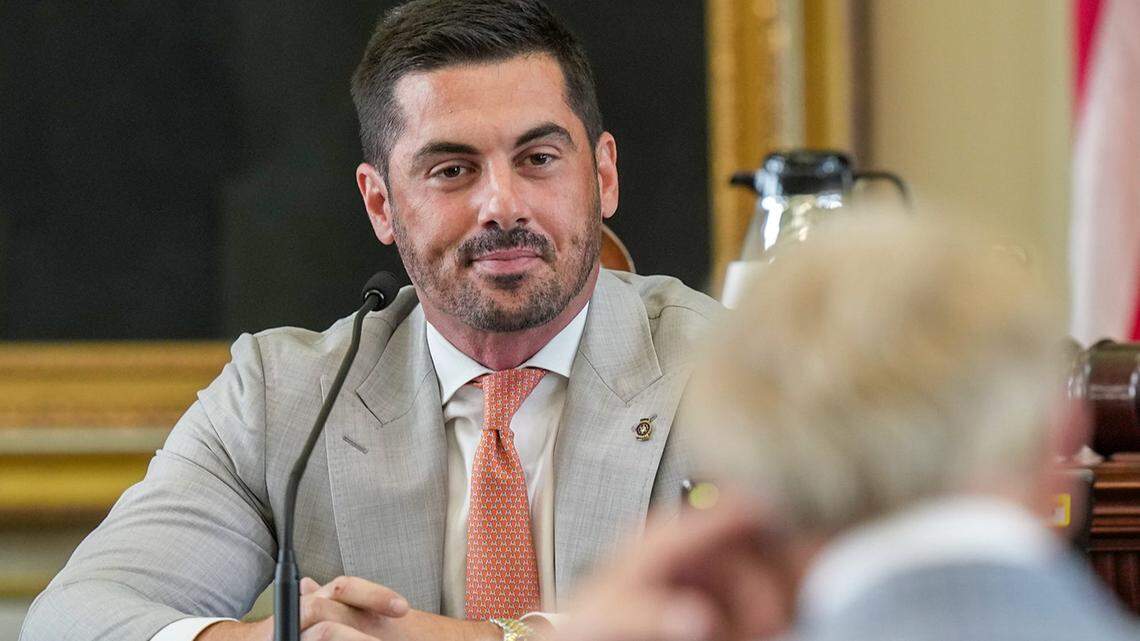 Brandon Cammack testifies during the 6th day of the impeachment trial of Texas Attorney General Ken Paxton in the Senate chamber at the Texas State Capitol in Austin on Tuesday, September 12, 2023. Paxton pleaded not guilty last week to numerous articles of impeachment.